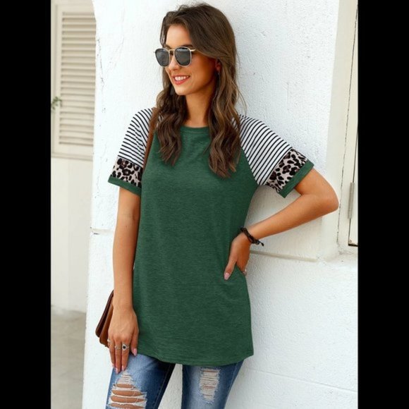 Green T-Shirt w/ Striped and Leopard Print sleeves - Picture 5 of 6